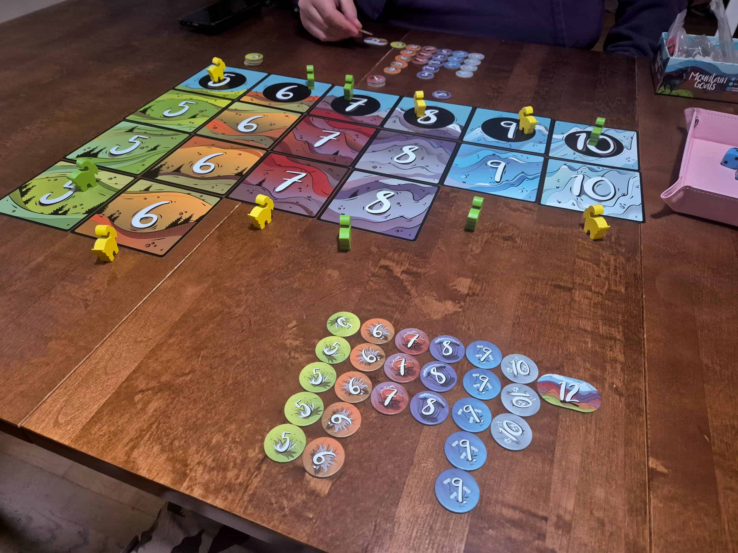 Mountain Goats -pelin kortteja ja puisia vuohinappuloita. Korteissa on numeroita 5-10, isommat numerot kuvaavat korkeampia paikkoja vuorella.