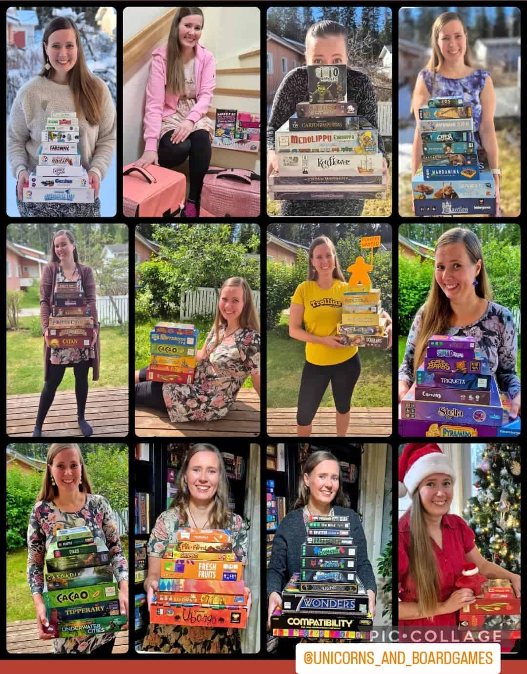 Vilman värivuosi eli 12 valokuvaa Vilmasta, jossa vaatteet ja sylissä olevat pelit on värikoordinoitu tietyn värin mukaan.