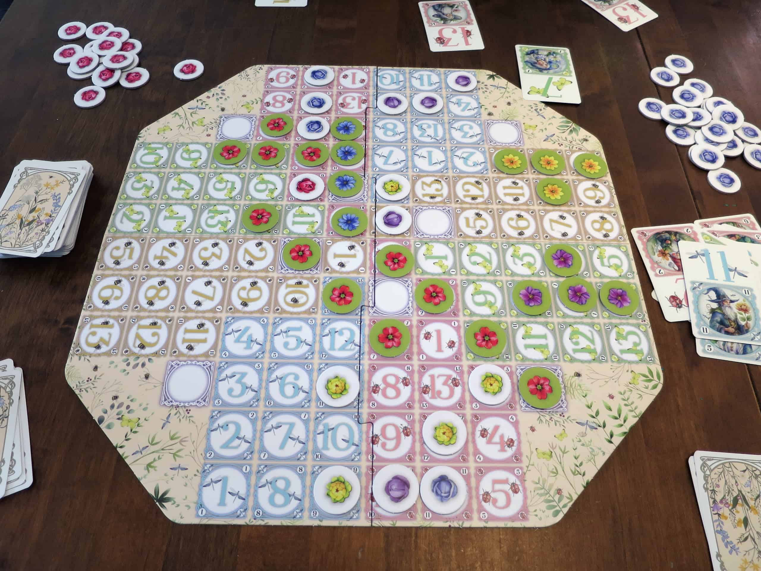 Yleiskuva pelilaudasta pelin päättyessä. Jokainen pelaajista on saanut muodostelmia laudalle, mutta punainen on onnistunut tekemään kolme ja voittamaan pelin.