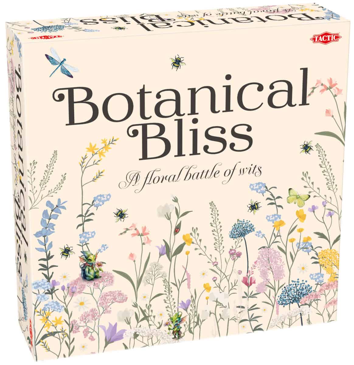 Botanical Bliss -pelin laatikossa on beigellä taustalla kedon kukkia ja ruohoja.