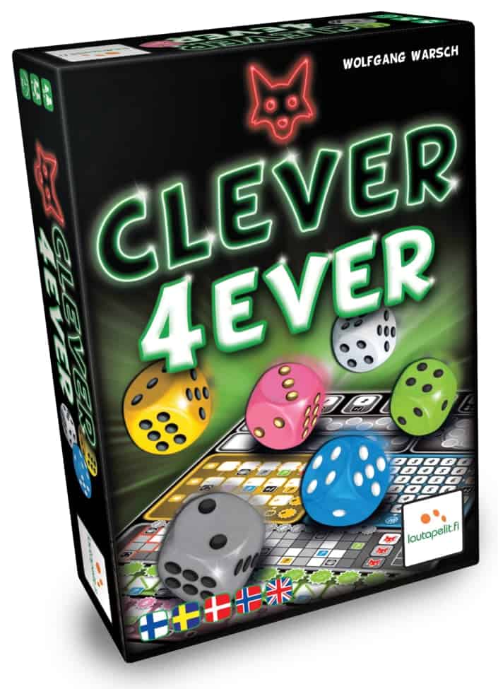 Clever 4 Ever -pelin kannessa on kupongin päällä sinkoilevia värikkäitä noppia.