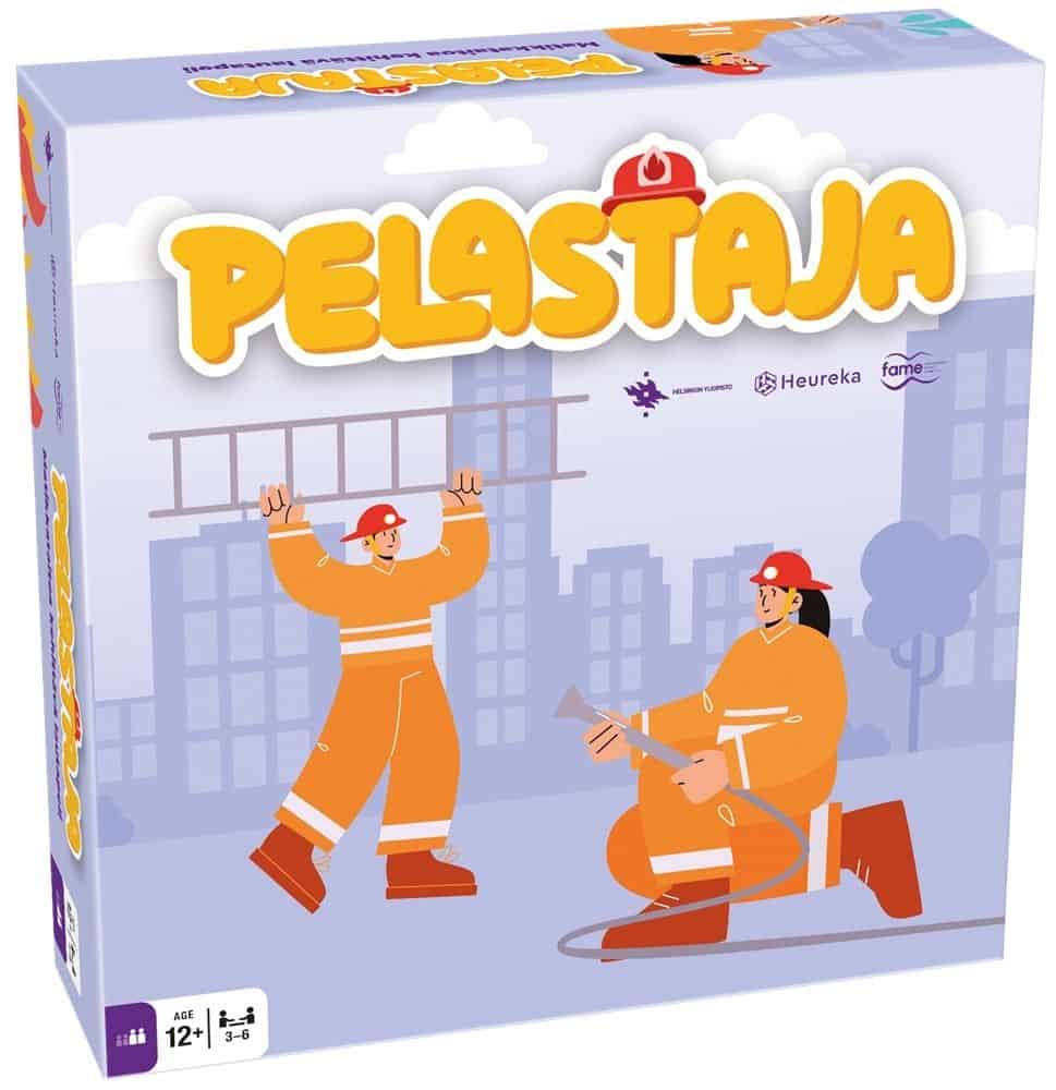 Pelastaja-pelin laatikossa on piirros kahdesta oranssipukuisesta palopelastajasta, joista toinen kantaa tikkaita ja toinen pitelee letkua.
