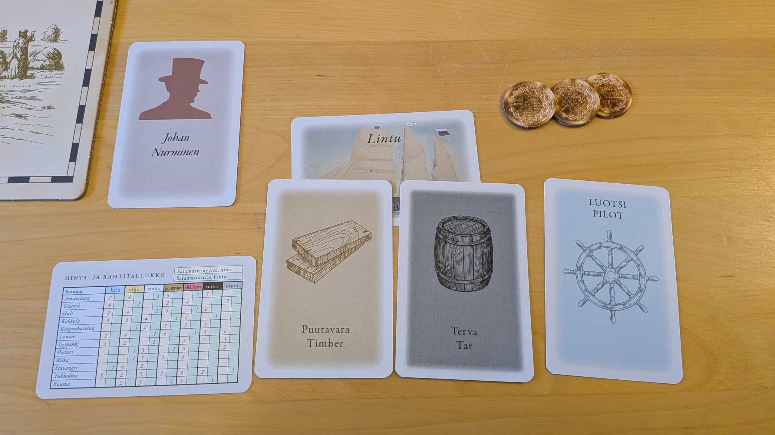 Johan Nurminen -kortti, Lintu-laiva jonka päällä puutavara- ja tervakortit, luotsikortti, tuotteiden hintataulukko ja muutama pahvikolikko.
