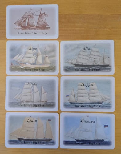Laivakortteja: kuusi erilaista isoa laivaa ja yksi pieni laiva.