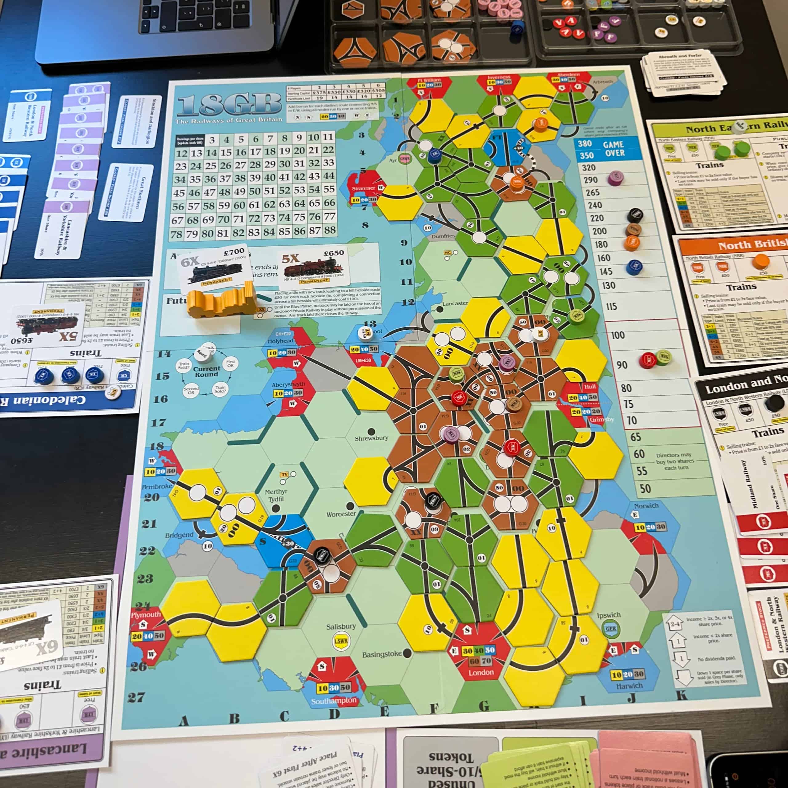 Pelilauta kolminpelin loppuvaiheilla. Pöydällä laudan ympärillä on yhtiöiden charter-lomakkeita, yhden pelaajan osakeomistukset, läppäri ja laattalokerikkoja.