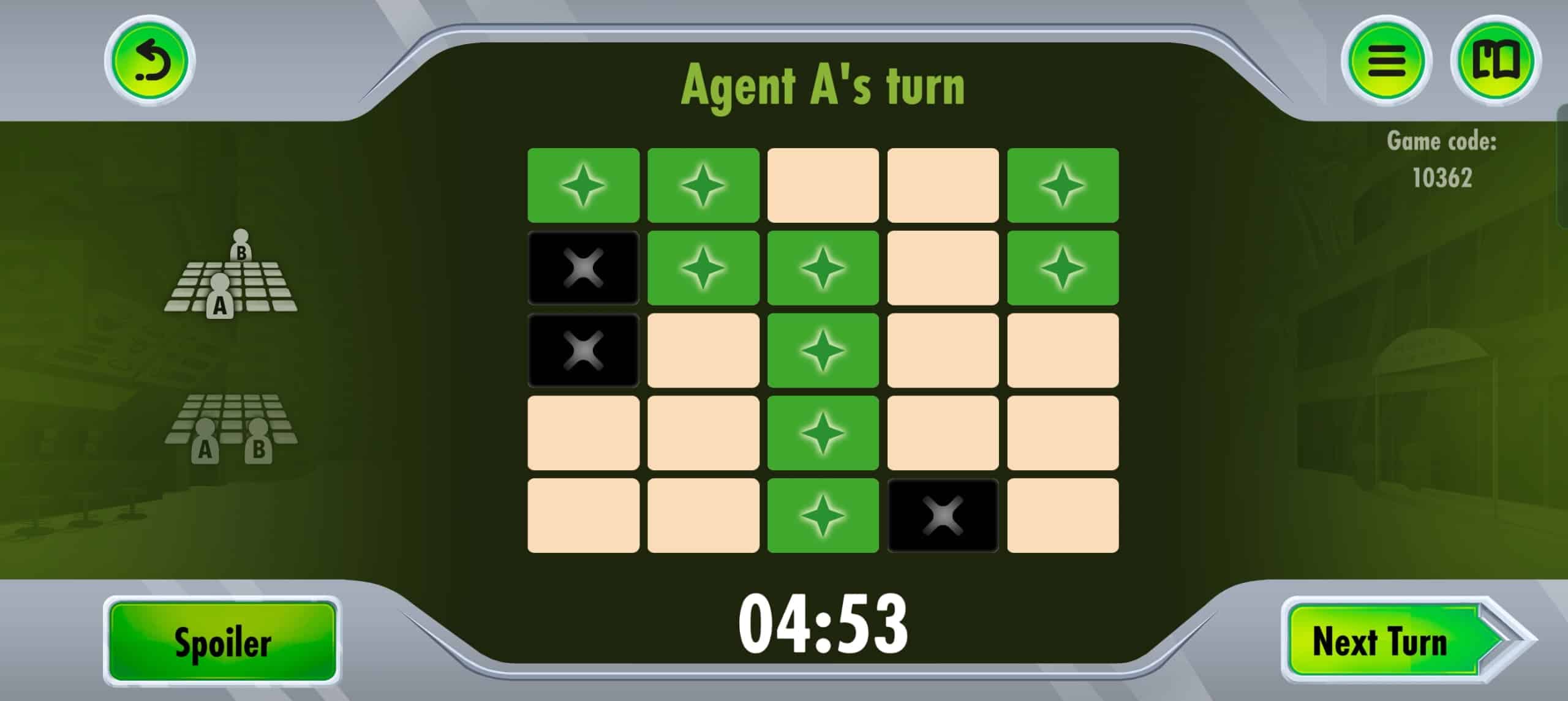 Codenames Duetin pelitilanne sovelluksesta. Sovelluksessa näkyy 5×5-ruudukko, johon on merkitty yhdeksän vihreää ruutua ja kolme mustaa ruutua.