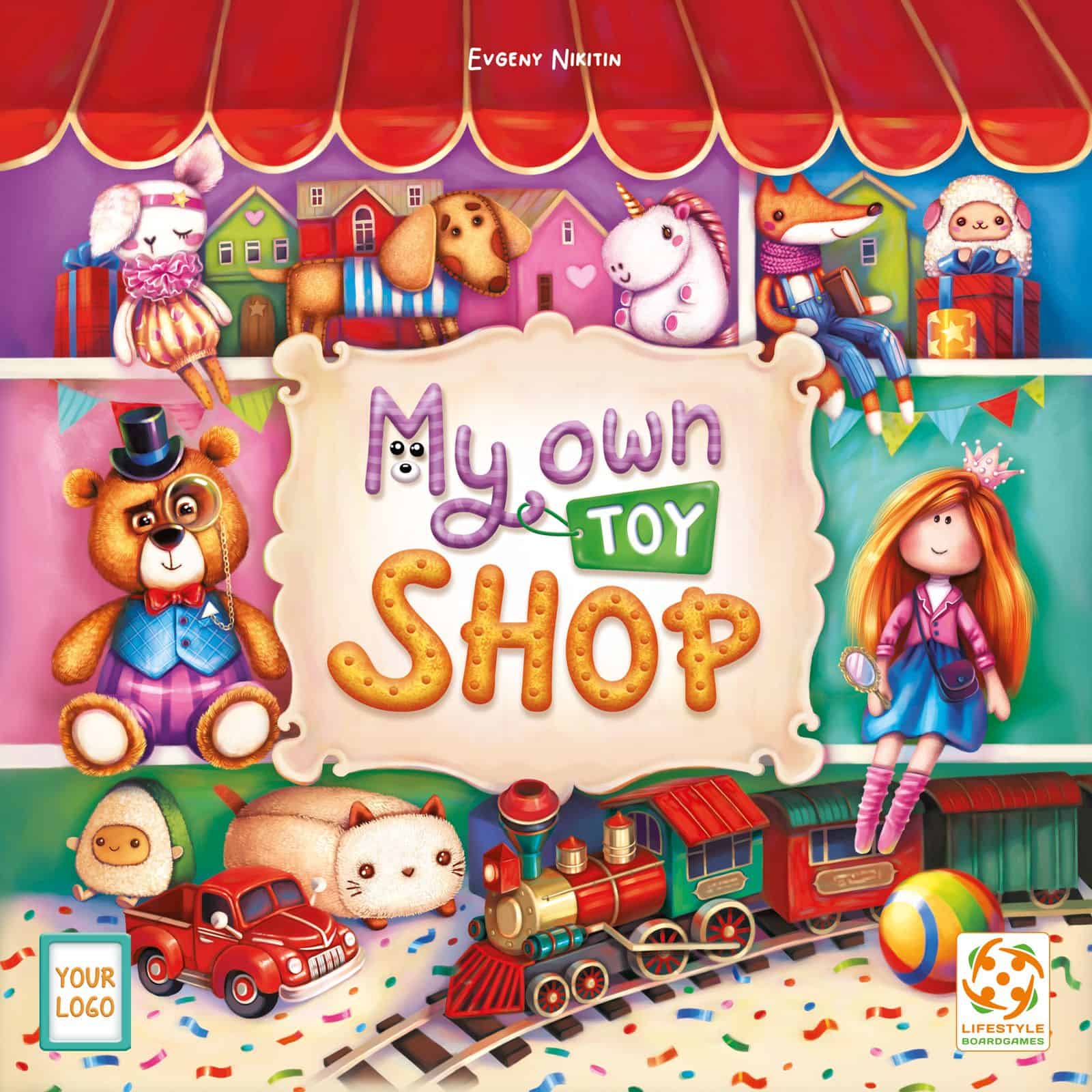 My Own Toy Shop -pelin kannessa on piirros lelukaupan näyteikkunasta, jossa on erilaisia pehmoleluja, nukkeja ja pienoisrautatie.
