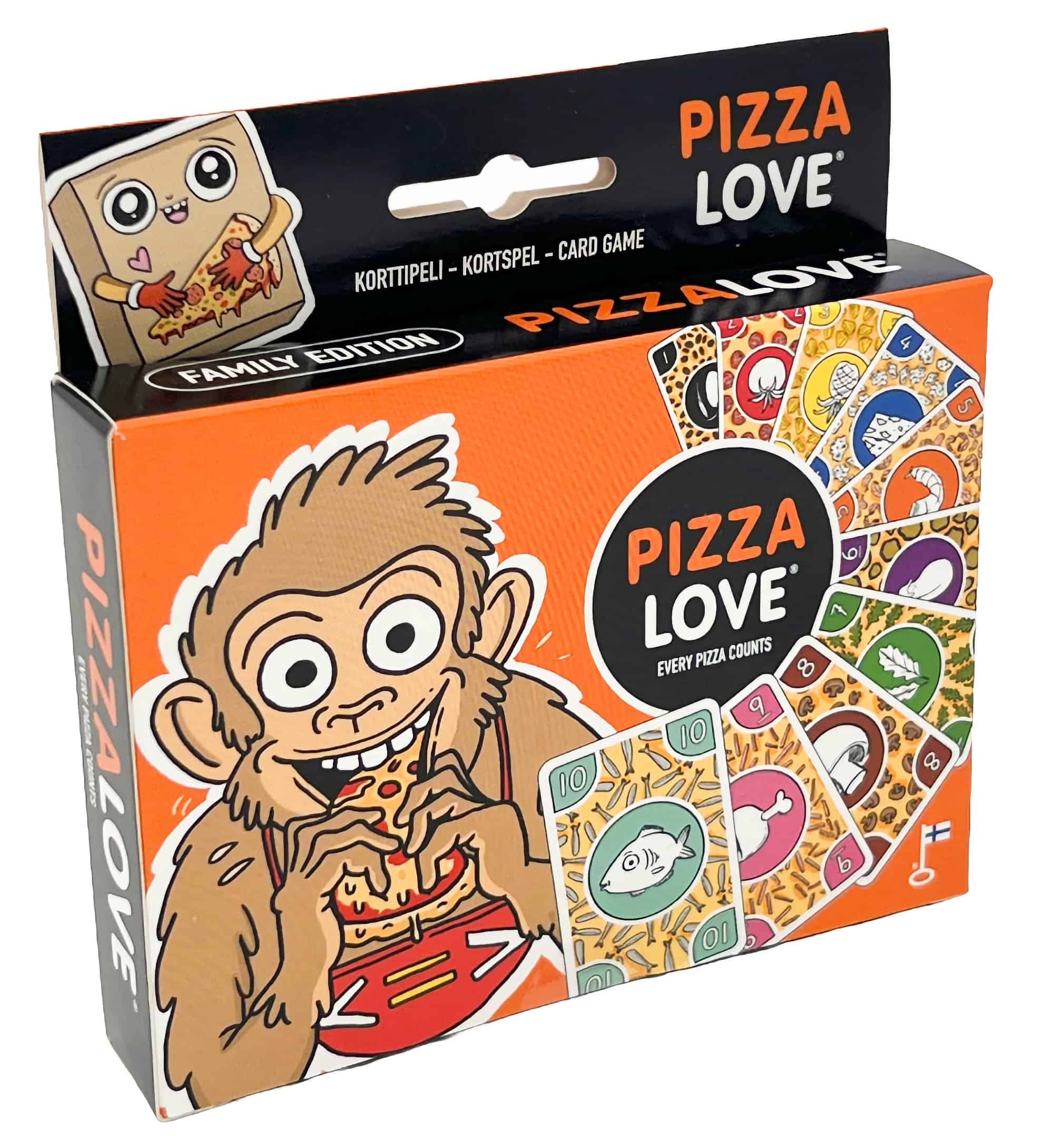 Pizza Love -korttipelin kannessa on piirros pitsaa syövästä apinasta ja pelin pitsatäytekorteista.