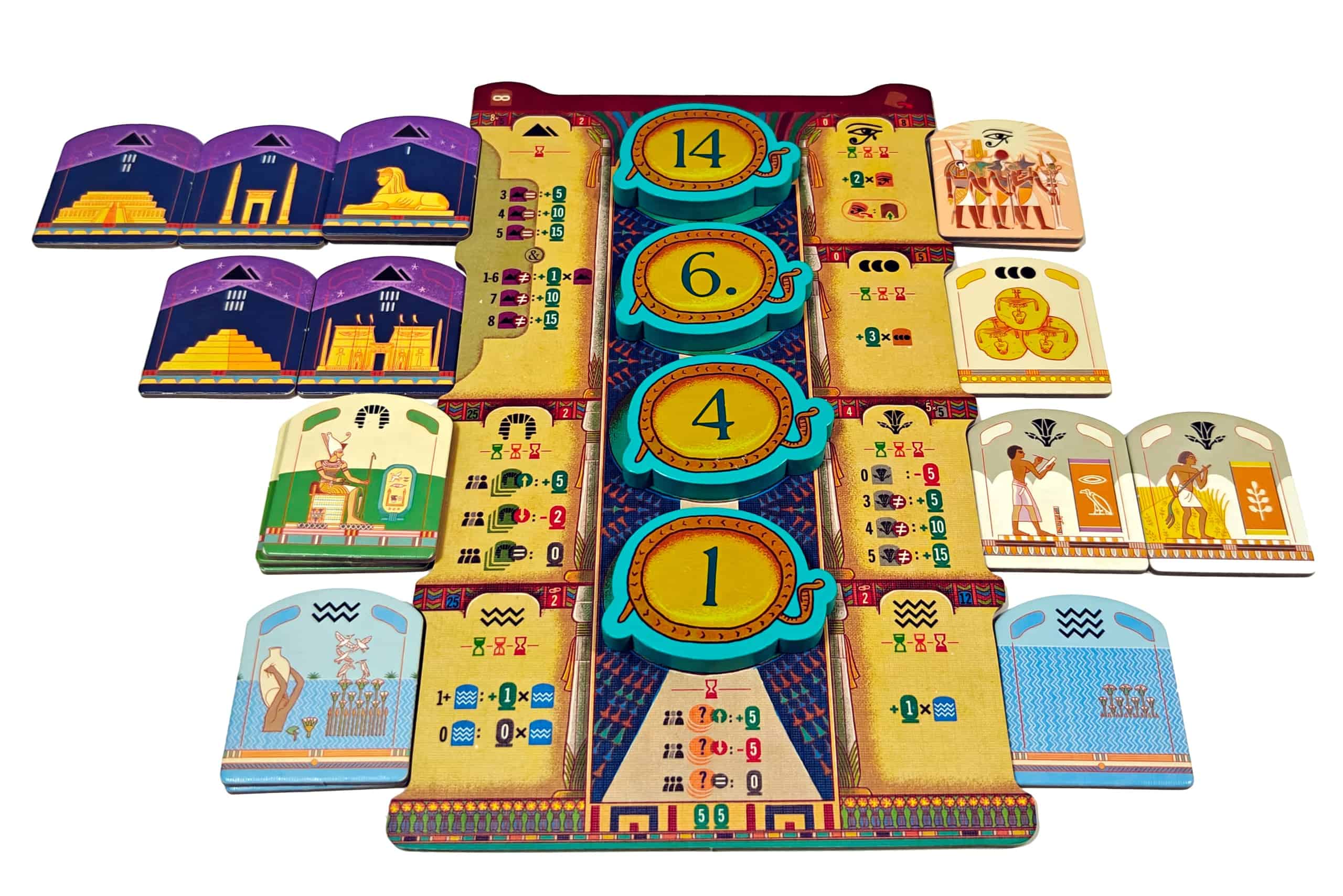 Ra:n pelaajalauta, jossa on keskellä paikka pelaajan rahoille ja reunoilla sitten selitykset laattajakaumasta ja paikat laatoille. Vasemmalla ovat pysyvät, oikealla joka kierros poistuvat laatat.