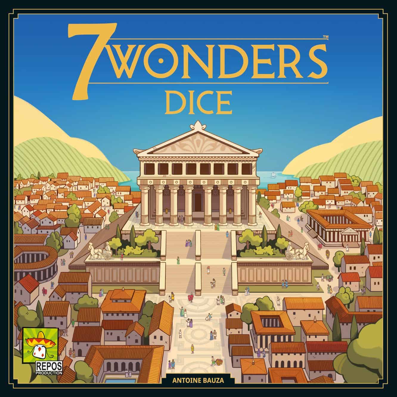 7 Wonders Dicen kannessa on kuva antiikinaikaisesta kaupungista, jonka keskellä on iso roomalaistyylinen temppeli.