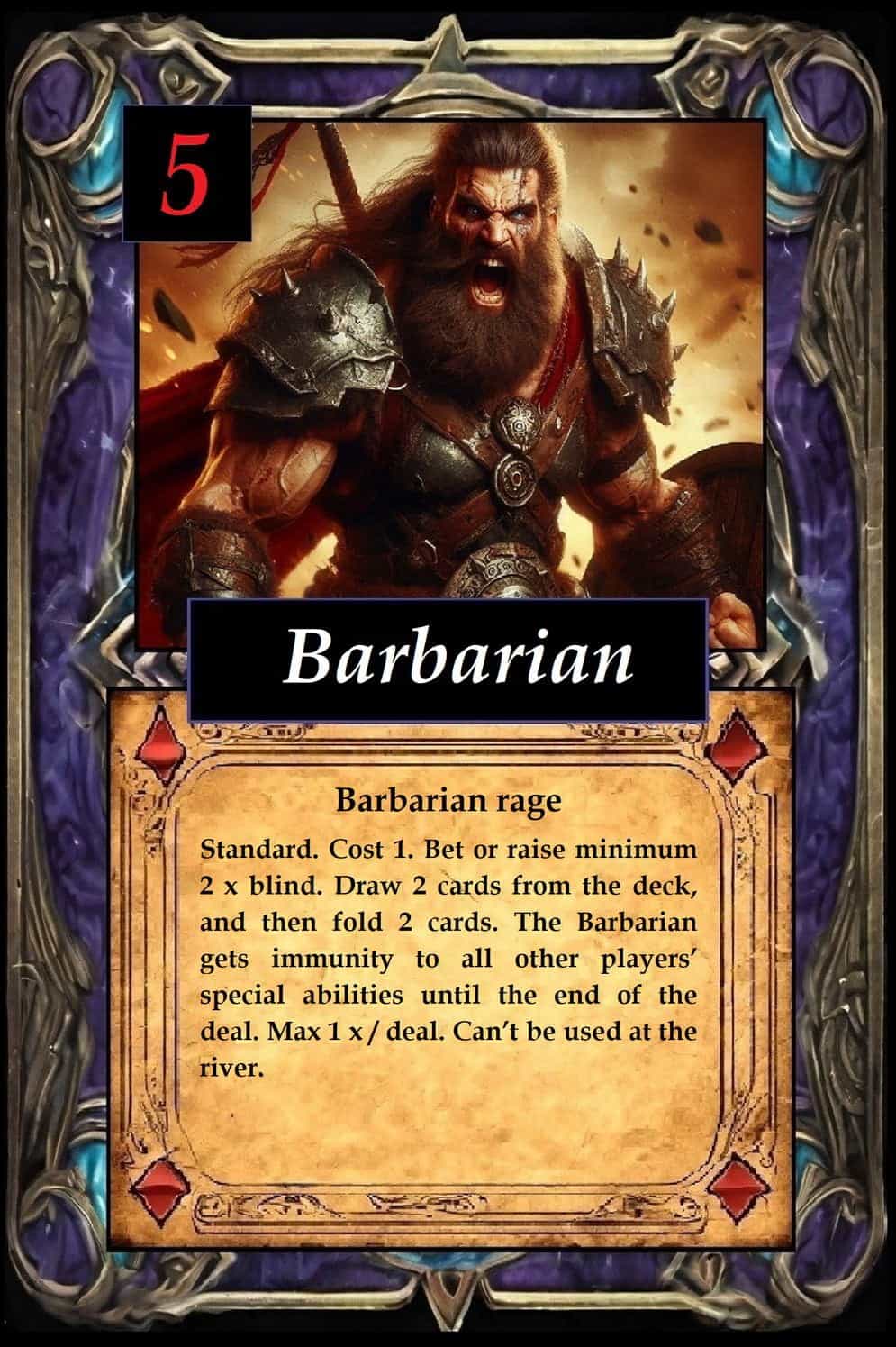 Barbarian-hahmokorttiin on kuvattuna stereotyyppinen barbaarihahmo.