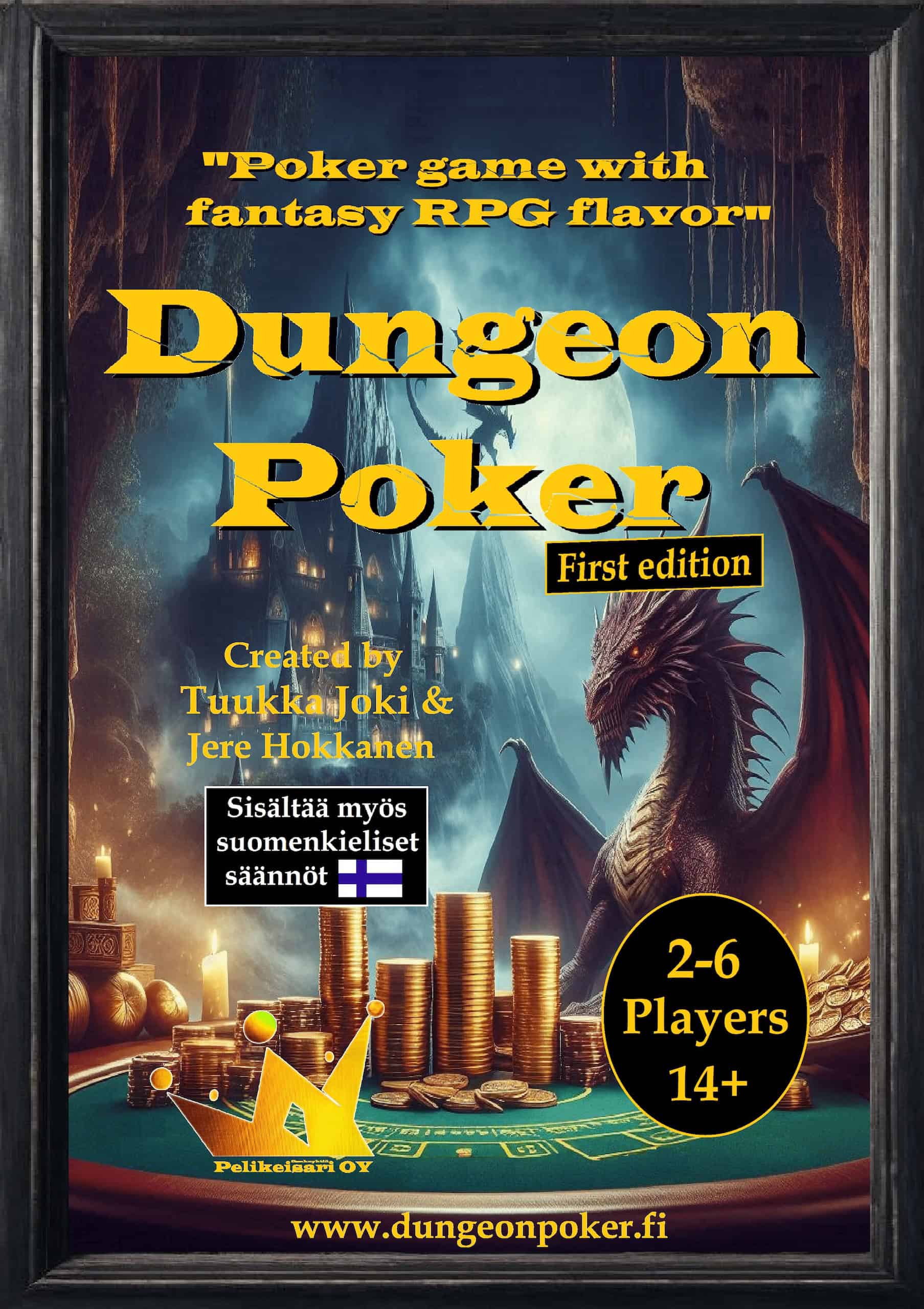 Dungeon Poker -pelin kannessa on kuva pokeripöydästä, jossa on läjä kultakolikoita. Pöydän takana on lohikäärme ja taustalla geneerinen synkkä linna.