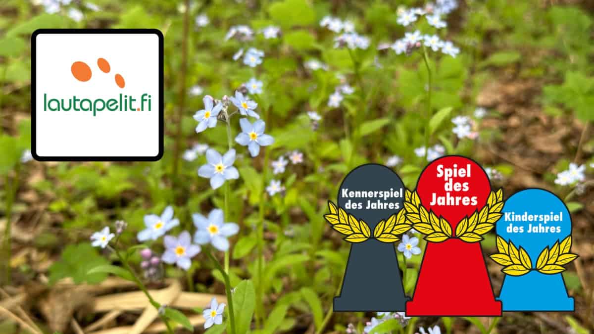 Lautapelit.fi:n ja Spiel des Jahres -palkintojen logot. Taustalla kukkivia lemmikkejä.