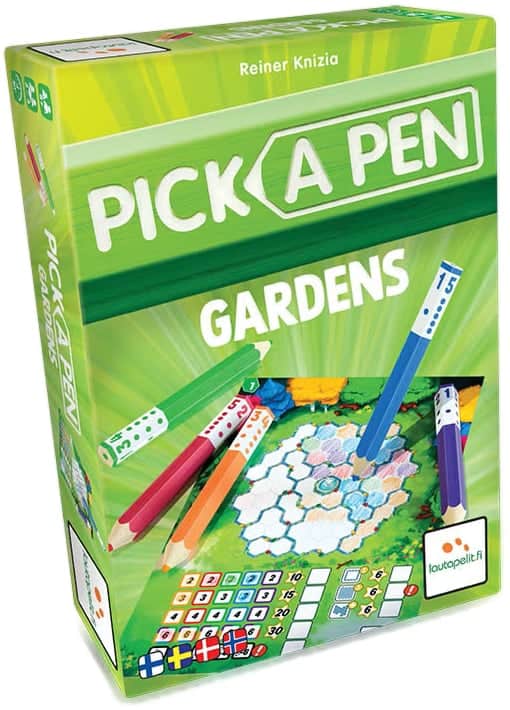 Pick a Pen: Gardensin kannessa on kuvattuna pelin komponentteja eli rullattavia kyniä pistekupongin päällä.