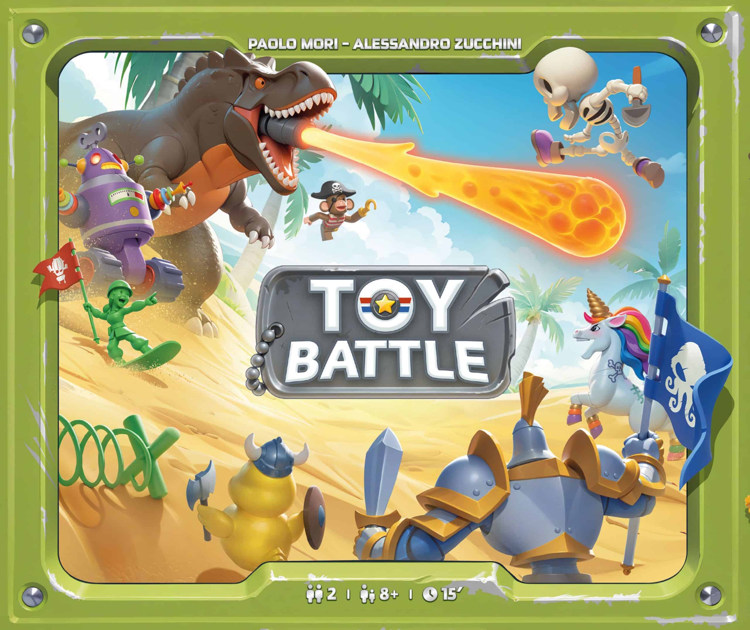 Toy Battlen kansikuvassa on rantahietikolle sijoittuva taistelukohtaus, jossa vasemmalta hyökkää tultasyöksevä Tyrannosaurus Rex, legoapina, vihreä sotilas ja lelurobotti oikealle, jossa on luuranko, leluyksisarvinen, ritari ja viikinkivarusteinen kylpyankka.