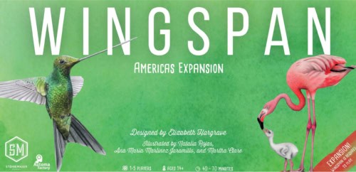Wingspan Americas Expansionin kansi on vihreä ja siinä on piirrokset kolibrista ja vaaleanpunaisesta flamingosta.