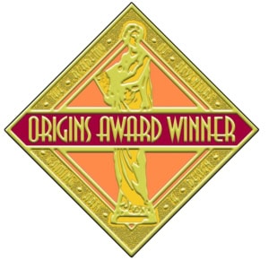 Origins Awards -palkintologo on kultainen neliö, joka seisoo kärjellään ja kuvaa kultaista patsasta.