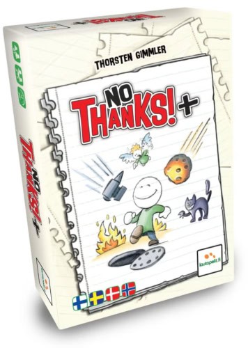 No Thanks+ -pelin kannessa piirroshahmo on kävelemässä avoimeen viemäriin ja saamassa niskaansa taivaalta alasimen ja meteoriitin.