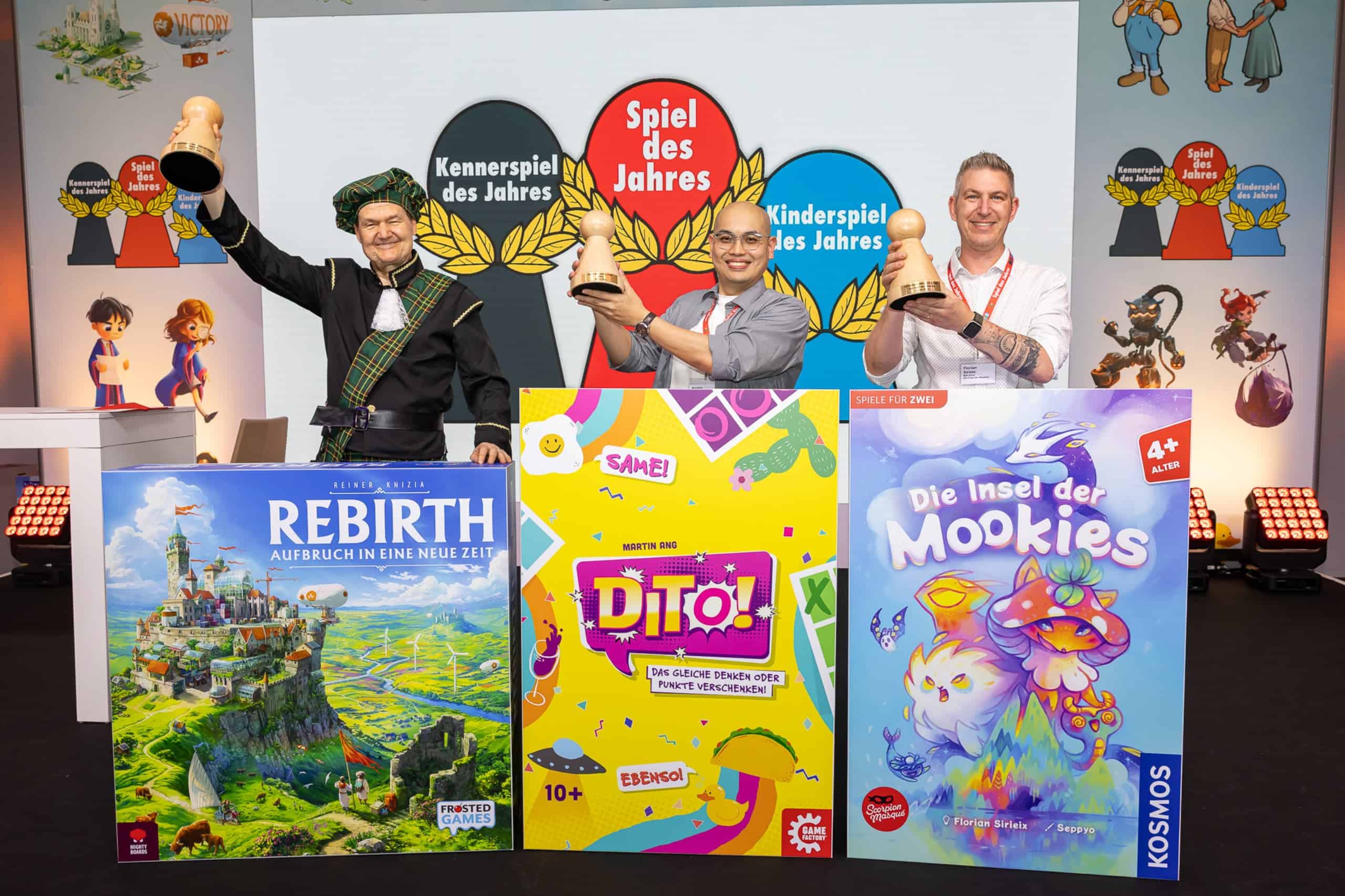 Reiner Knizia ja Rebirthin kansi, Michael Ang ja JinxO:n kansi ja Florian Sirieix ja Mooki Islandin kansi.