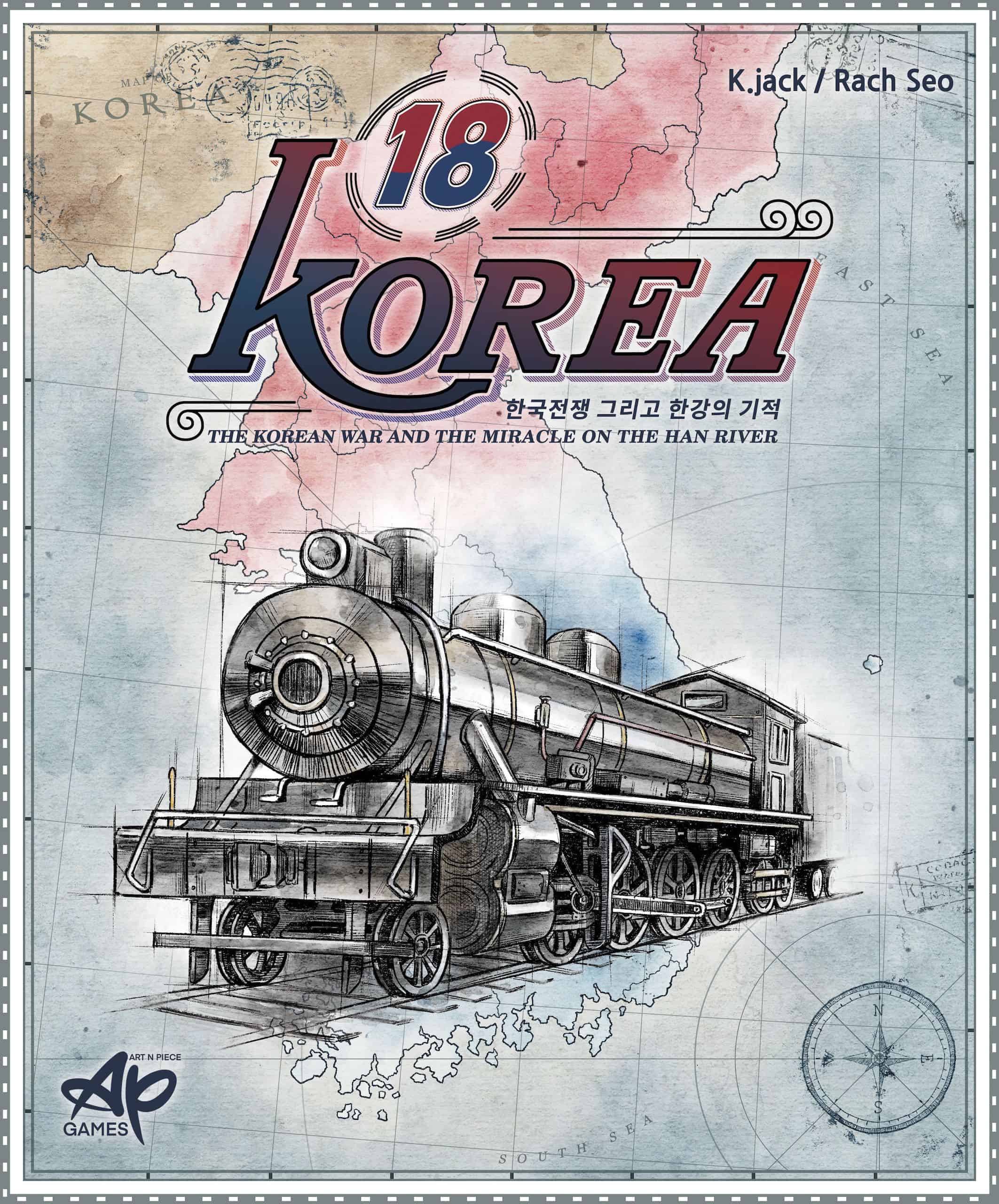 18Korean kannessa on taustalla Korean niemimaan kartta ja päällä mustavalkoinen piirros höyryveturista.