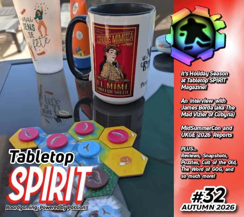 Tabletop Spirit 32 -lehden kannessa on kuva Cascadia-pelistä kahvilan pöydällä, vieressä kahvimuki.