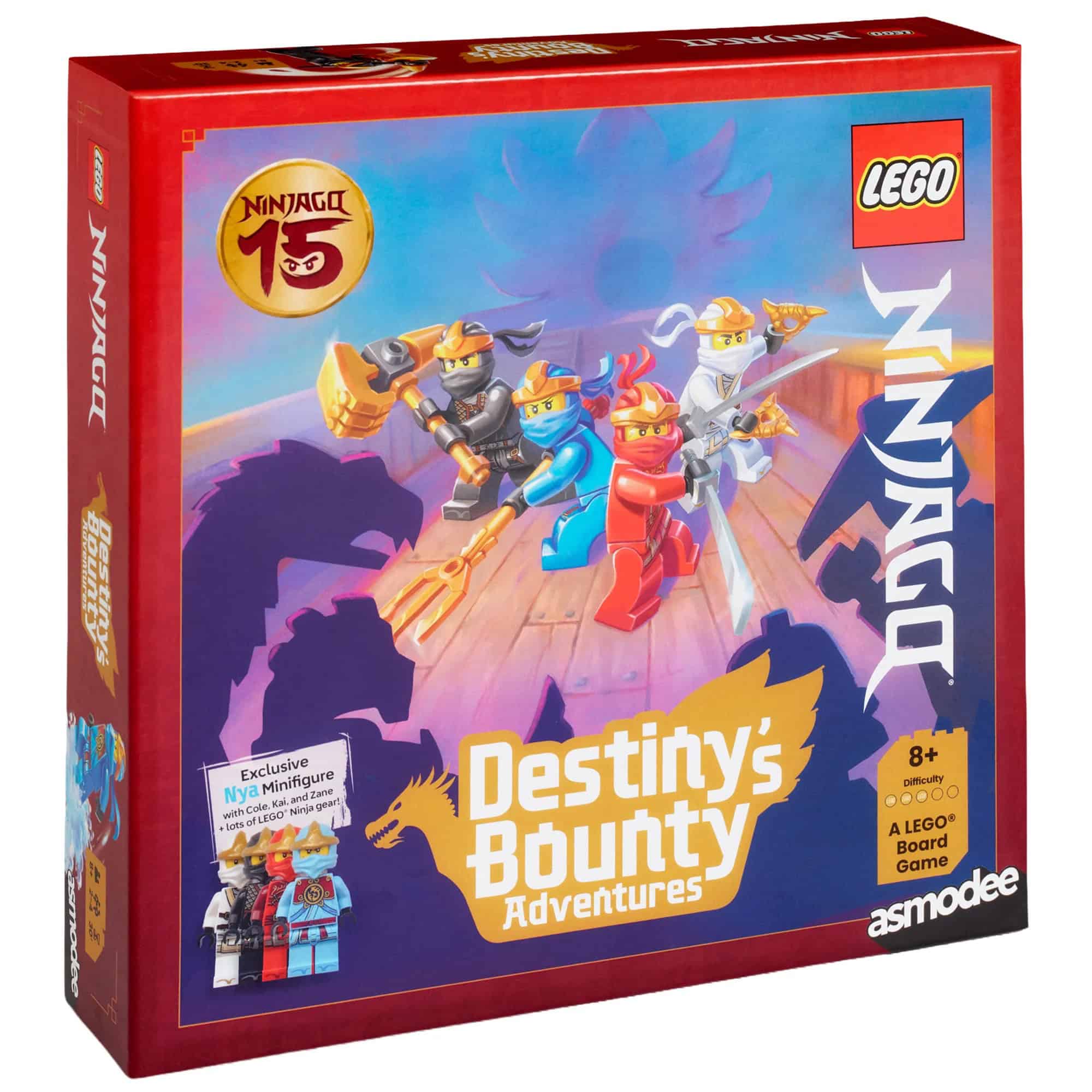 Lego: Ninjago — Destiny's Bounty Adventures -pelin kannessa on kuva neljästä erivärisestä legoninjasta puolustusasemissa laivan kannella valmiina taistelemaan uhkaavia vihollisia vastaan.