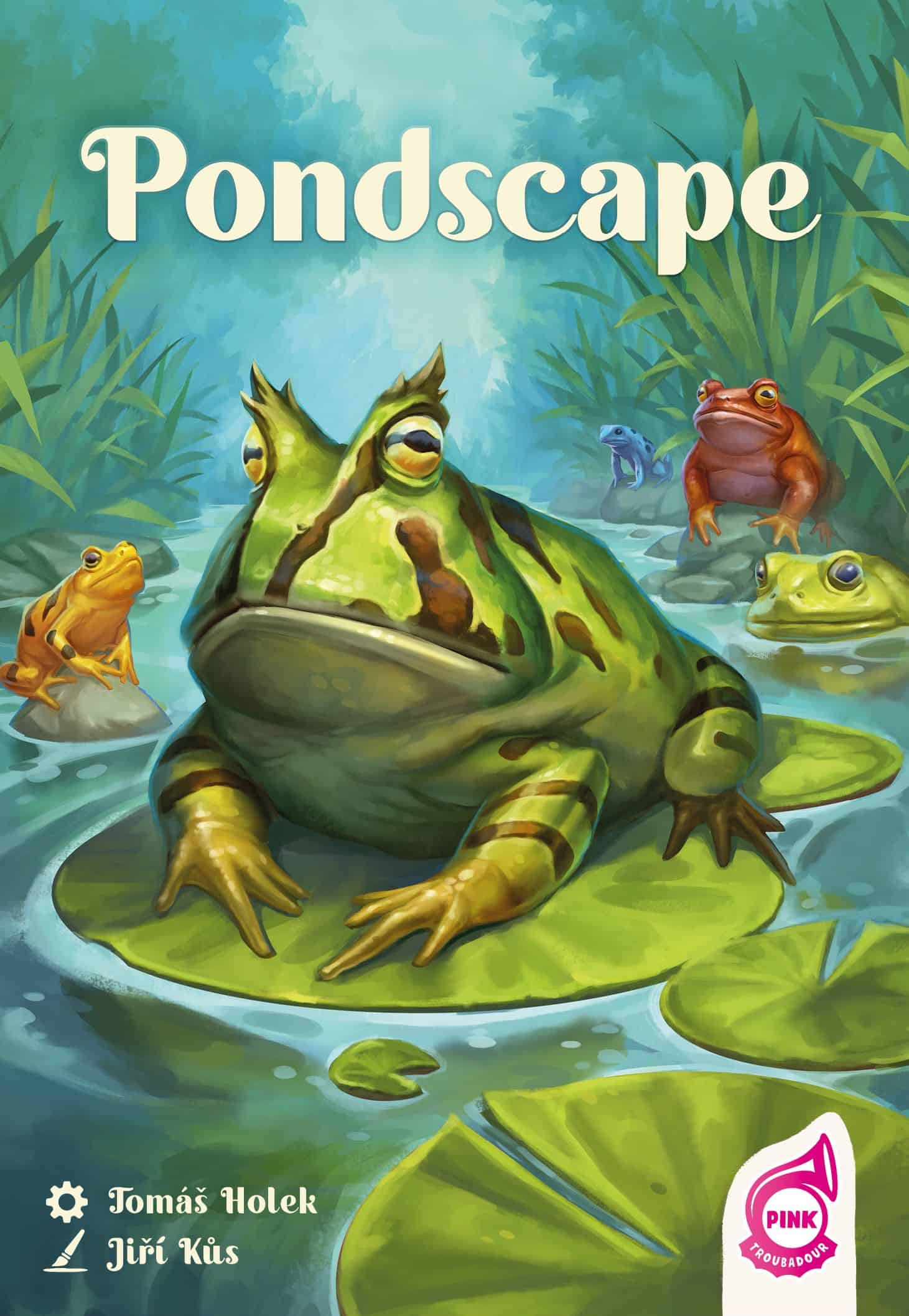 Pondscapen kannessa on piirros sammakosta lumpeenlehdellä lammessa. Taustalla on lisää sammakoita.