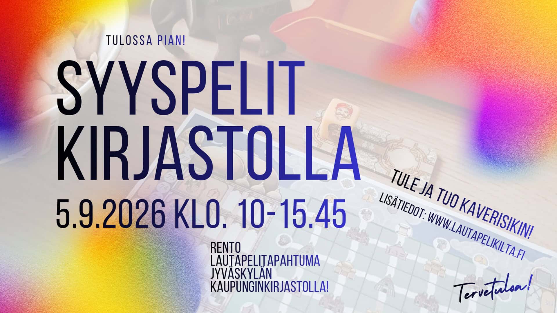 Syyspelit kirjastolla 5.9.2026 klo 10–15.45. Rento lautapelitapahtuma Jyväskylän kaupunginkirjastolla!