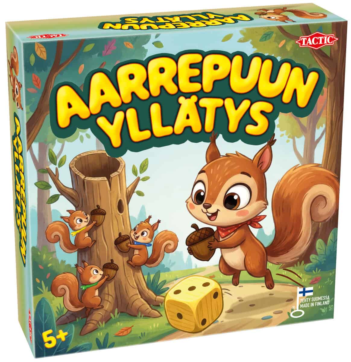 Aarrepuun yllätys -pelin kannessa on piirros oravasta tammenterho kädessään. Taustalla on aarrepuu, jonne kolme oravaa sijoittaa tammenterhoja ja etualalla keltainen noppa.