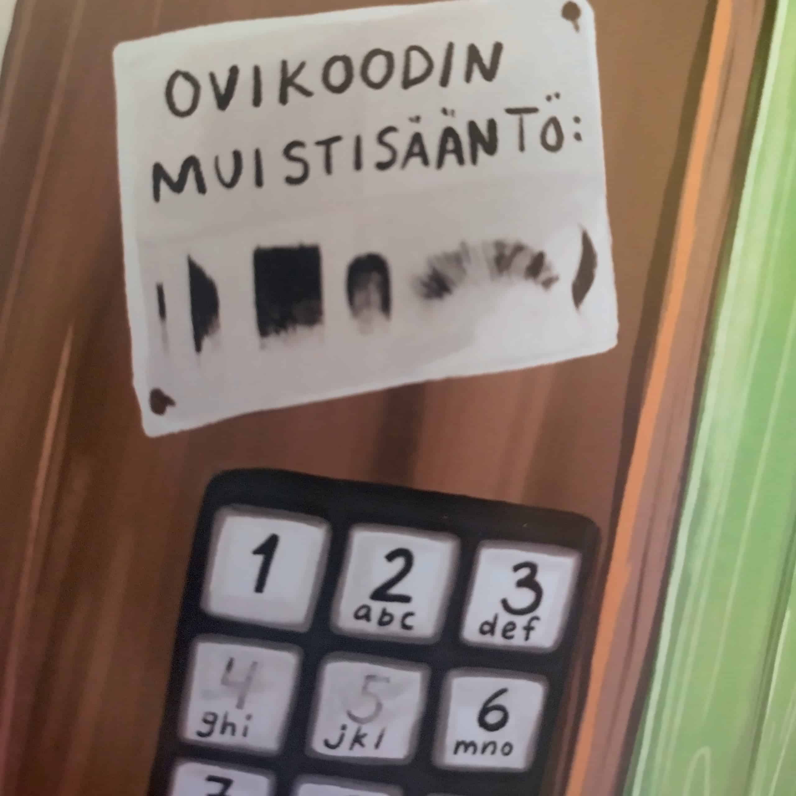 Ovikoodin muistisääntö -lappu, jossa muistisääntönä on jotain omituista suttua. Alla ovikoodin näppäimistö, josta osa numeroista kulunut pois.