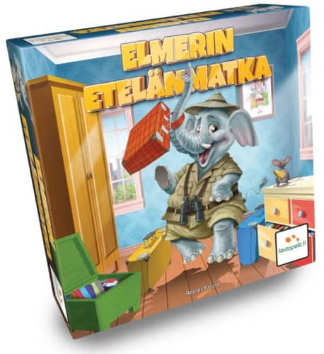 Elmerin etelänmatkan kannessa on piirros safariasuisesta norsusta huoneessa, kärsässään punainen matkalaukku.