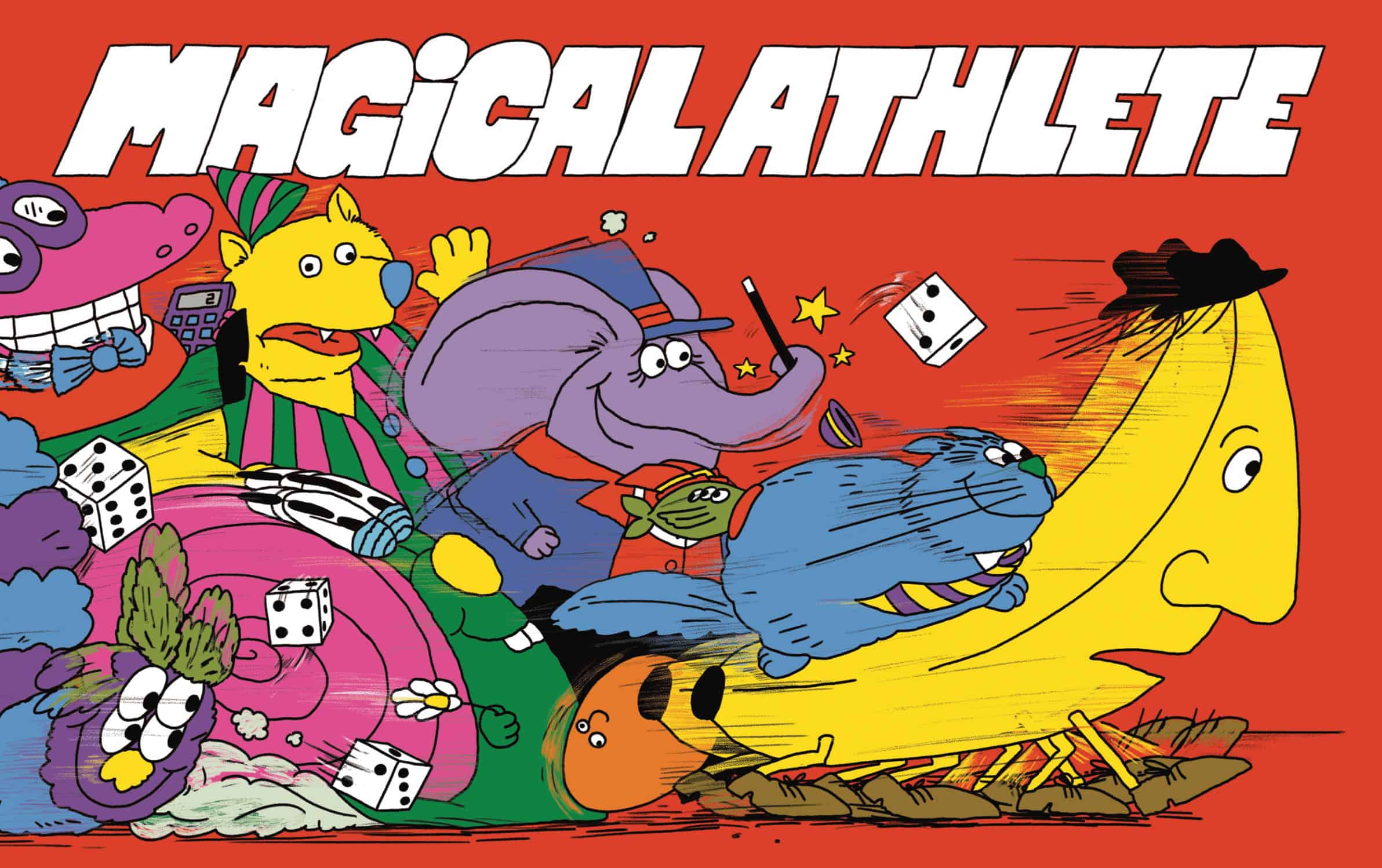 Magical Athlete -pelin kannessa on värikäs piirros erilaisista mielikuvituksellisista hahmoista kiitämässä kovaa vauhtia vasemmalta oikealle.