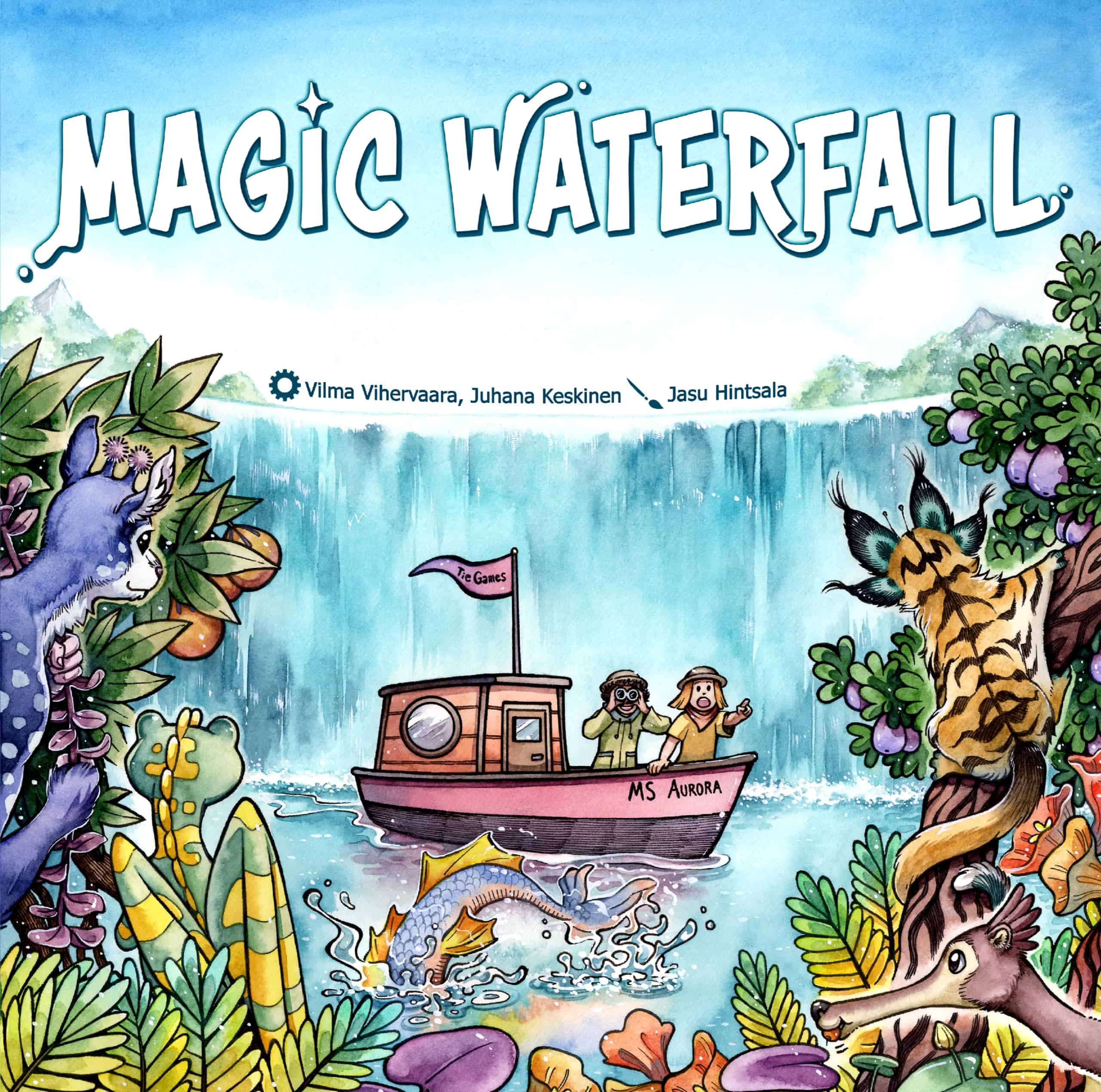Magic Waterfallin kannessa on laiva vesiputouksen alla. Laivan kannella on kaksi ihmistä, toinen katselee kiikareilla ja toinen osoittaa innostuneena etualalla olevia fantastisen näköisiä eläimiä.