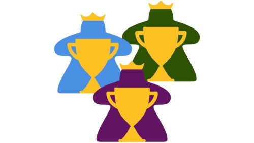 Pelaajien valinta -logot, eli kolme eriväristä meepleä, joilla on kruunu ja edessään iso kultainen pokaali.