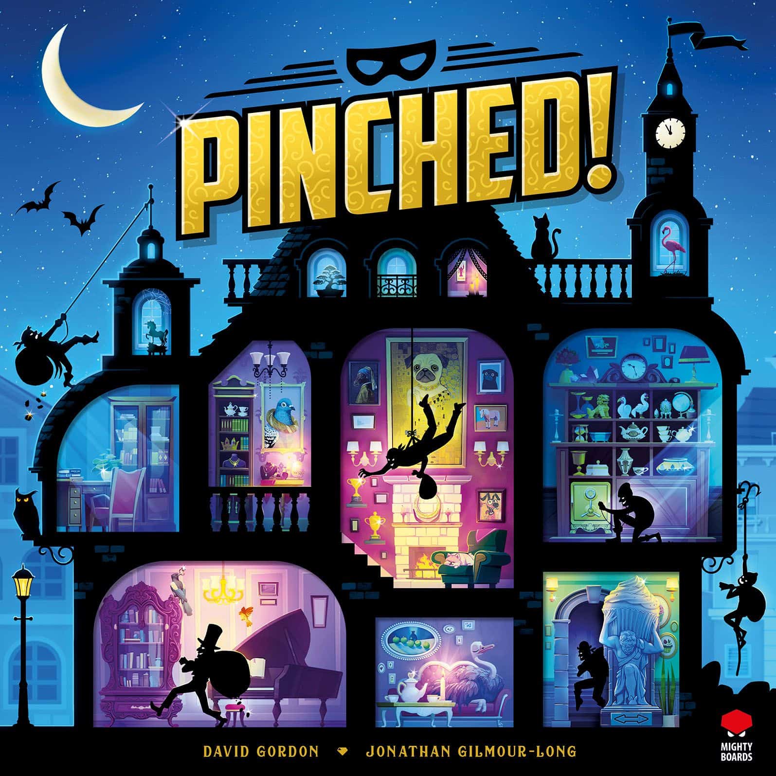 Pinched!-pelin kannessa on kartanon poikkileikkaus, jossa varkaat ovat eri tavoin ryöstelemässä.