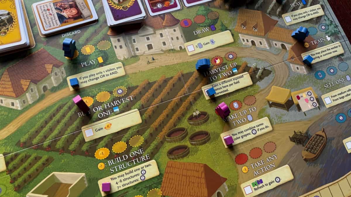 Lähikuva Viticulture: Bordeaux'n pelilaudasta, jossa on paljon erilaisia toimintoruutuja